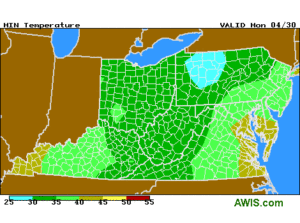 Cover photo for Frost Monday Morning in Colder MD, VA, NC AND KY Locations (6:40pm, Sat, 4/28)